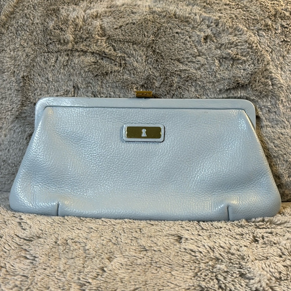 Light Blue Leather Clutch Wristlet with Keyhole Plaque